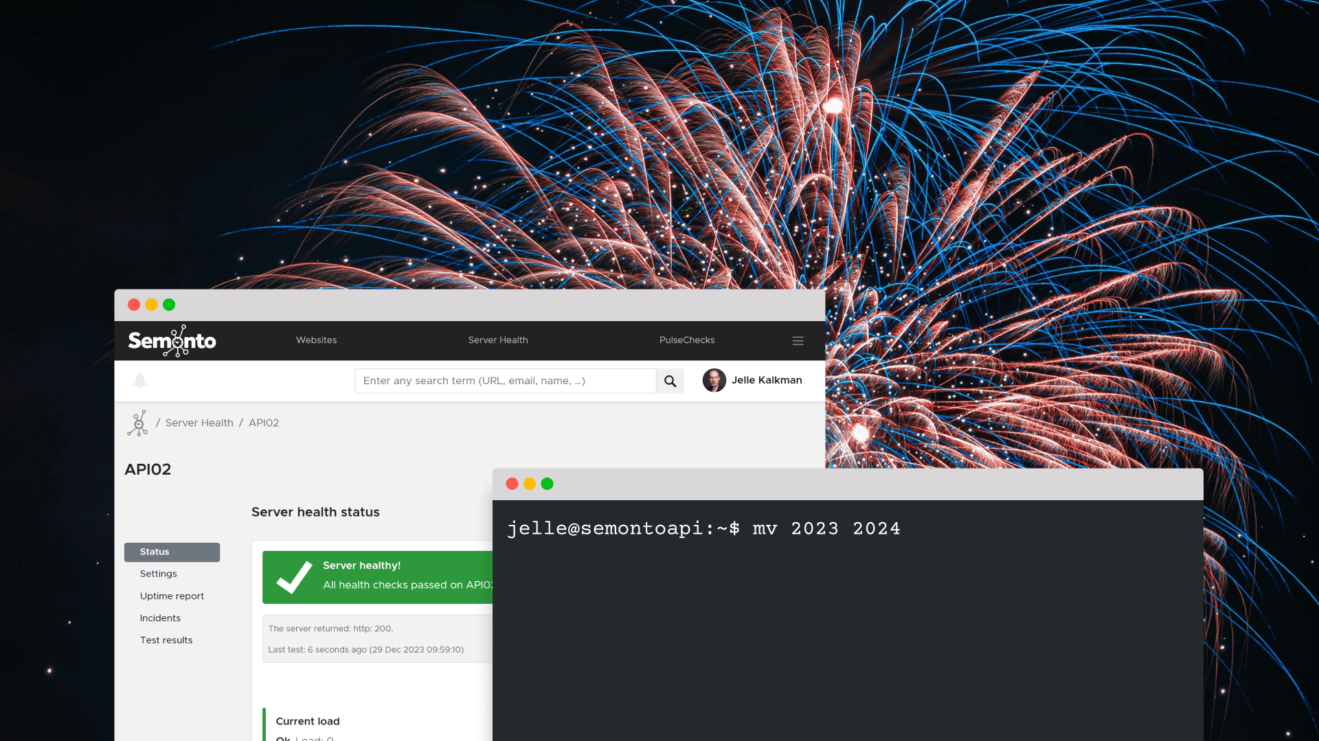 Illustration of Semonto with a computer terminal with fireworks background.