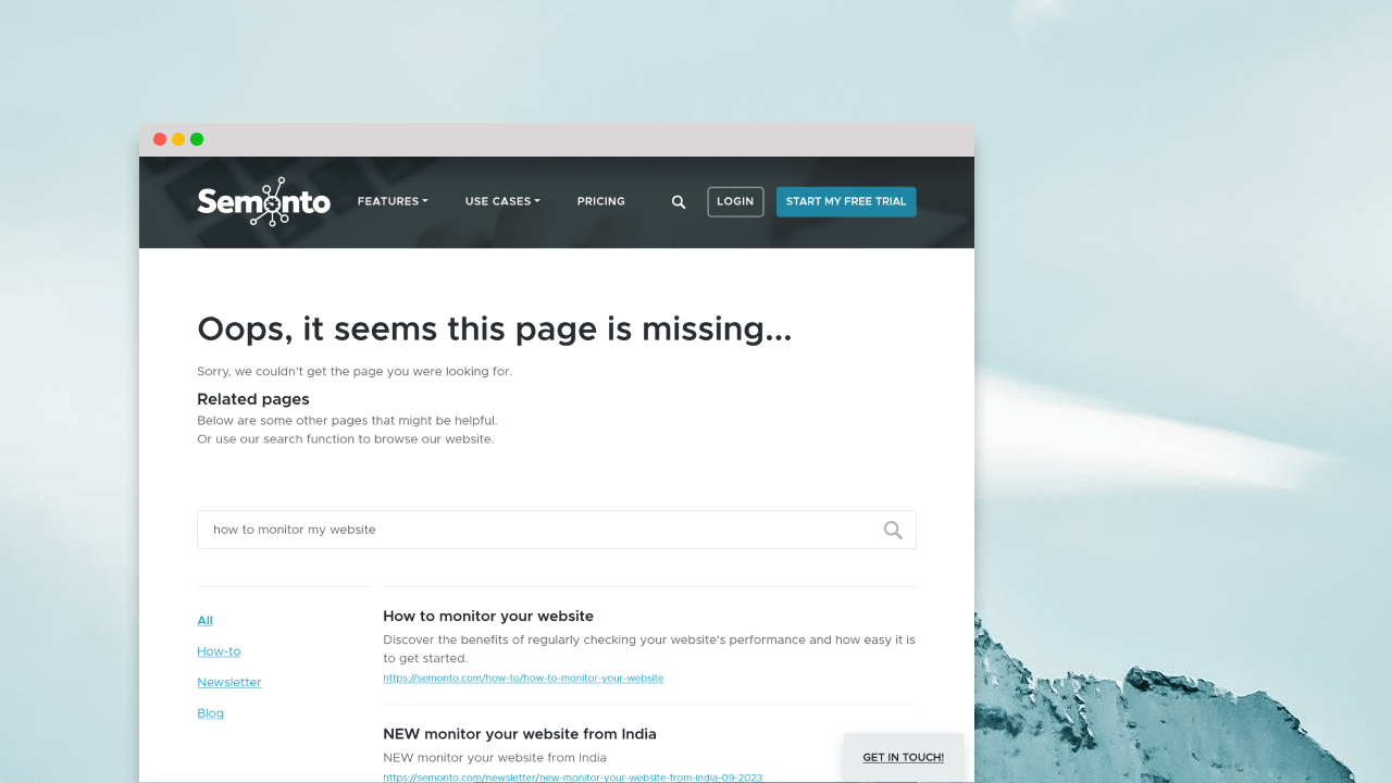 Semonto's 404 page on a desktop background