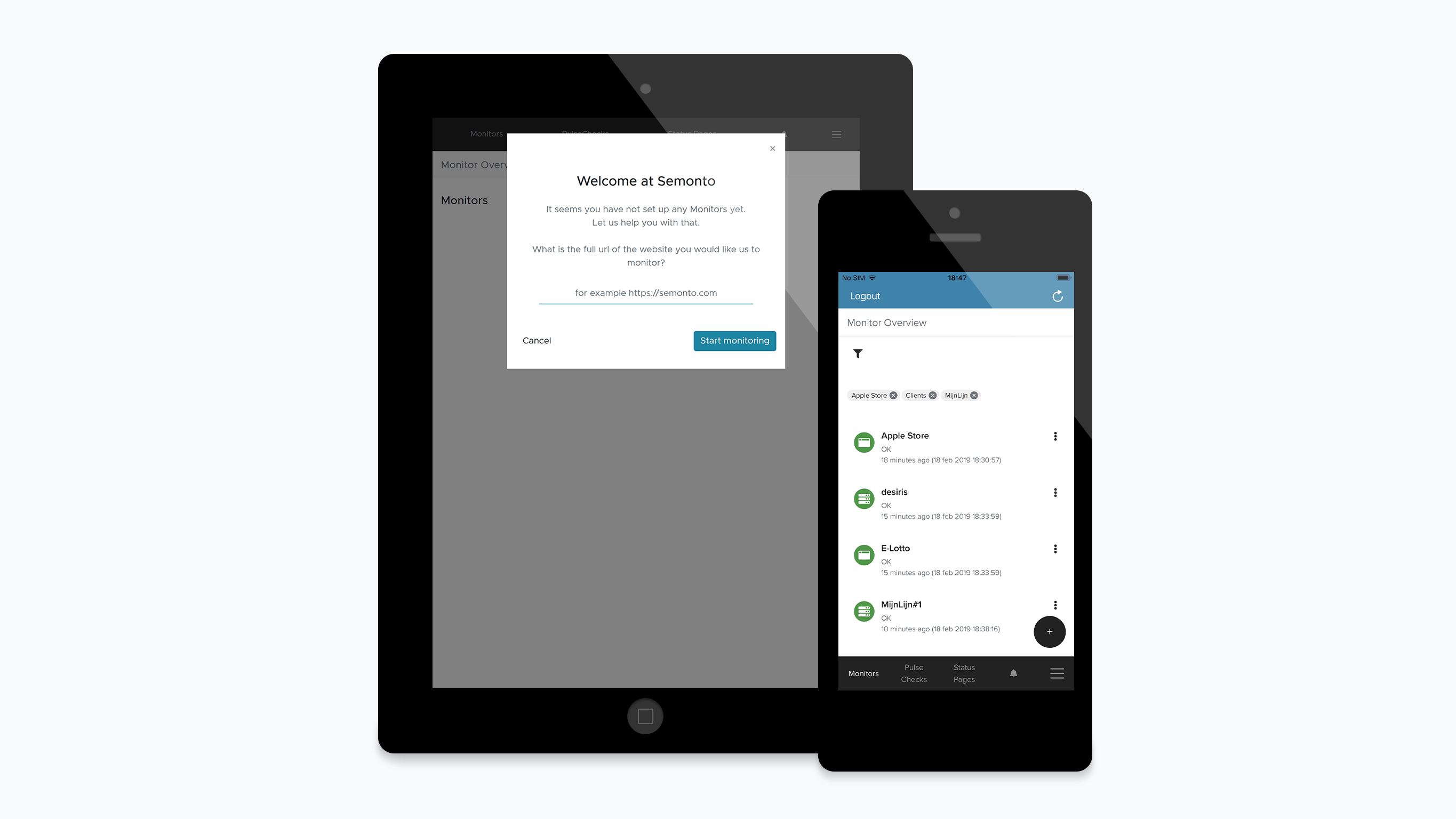 A mockup of Semonto Supervisor on a mobile phone and a tablet
