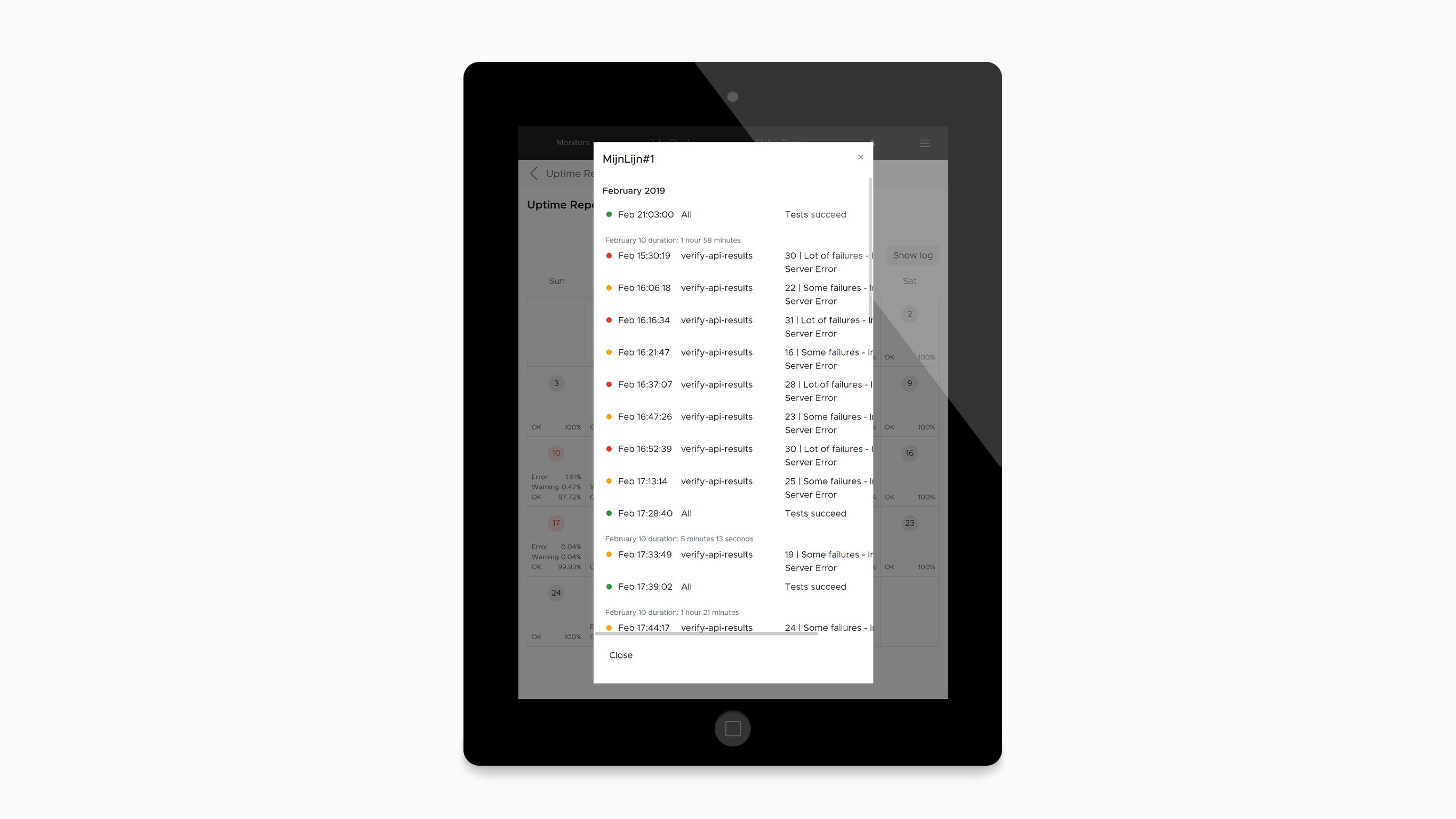 A mockup of Semonto Supervisor on a tablet showing the logs in an uptime report