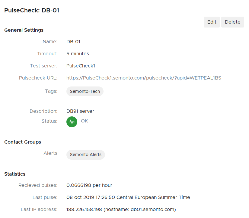 Screenshot with details of a cron job monitor with a contact group in Semonto Supervisor