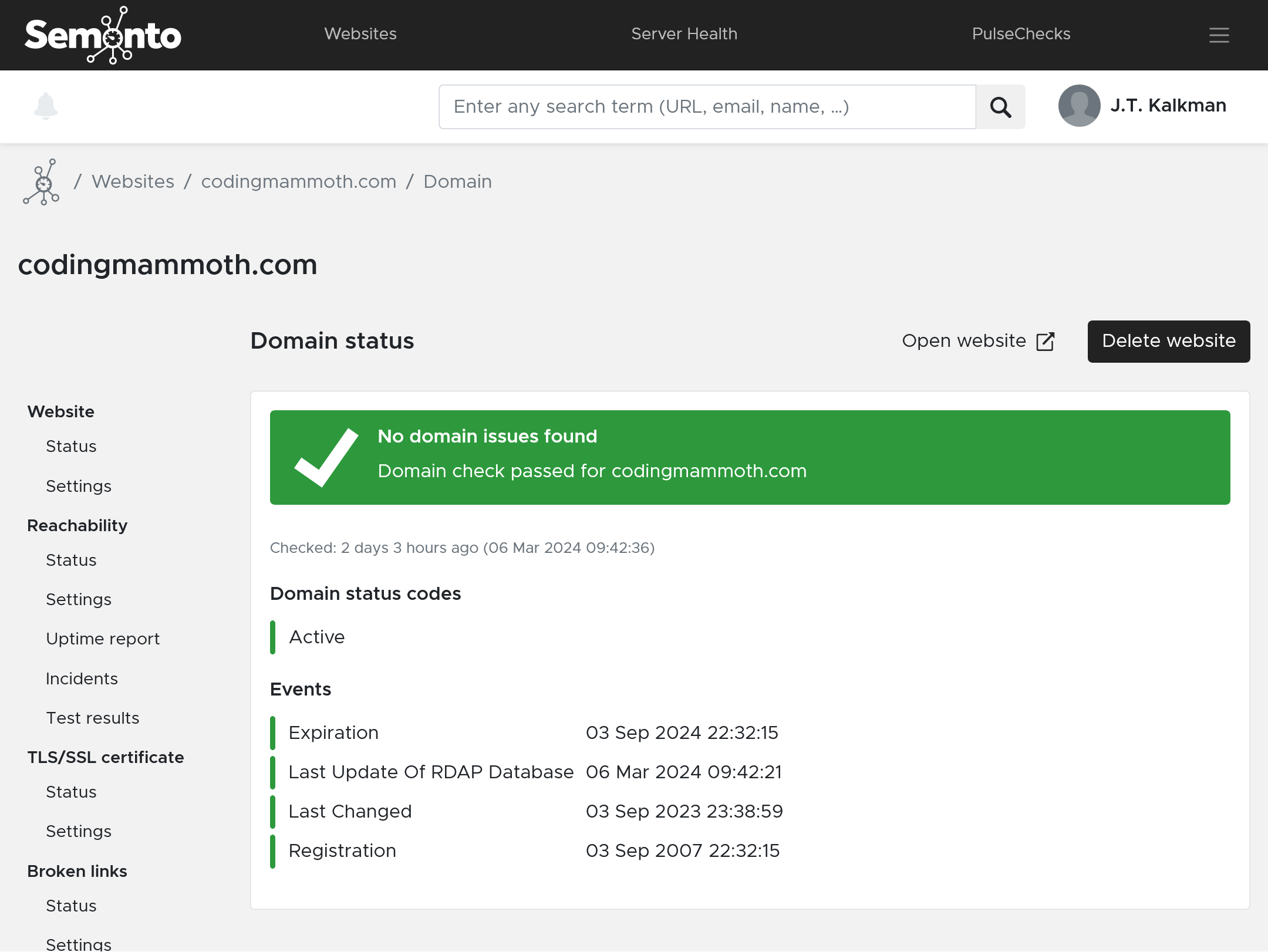 Screenshot the domain status in Semonto
