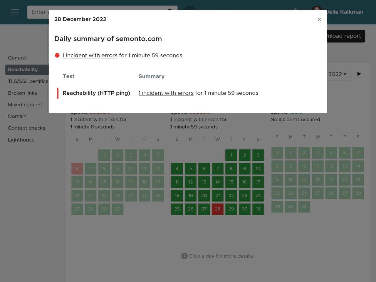 Details in an uptime report in Semonto