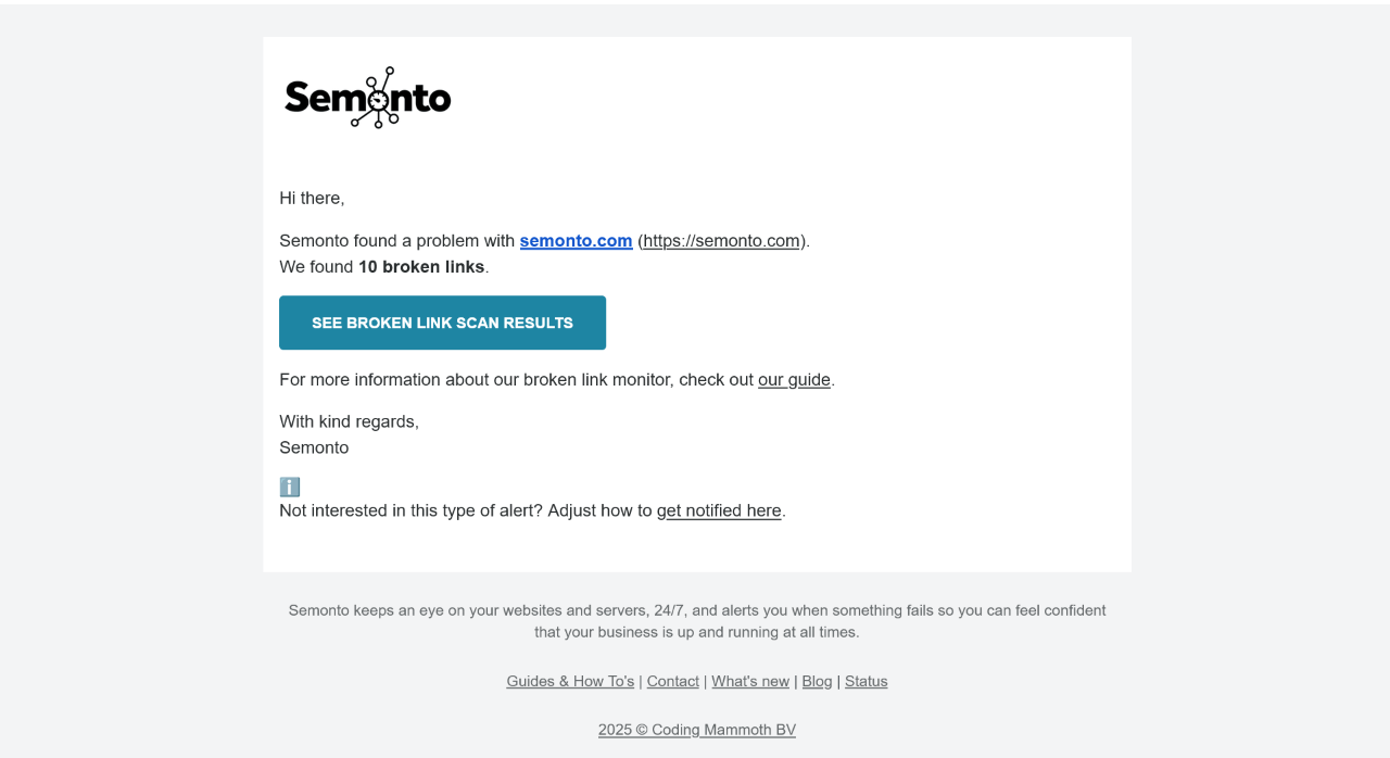Email with broken link results