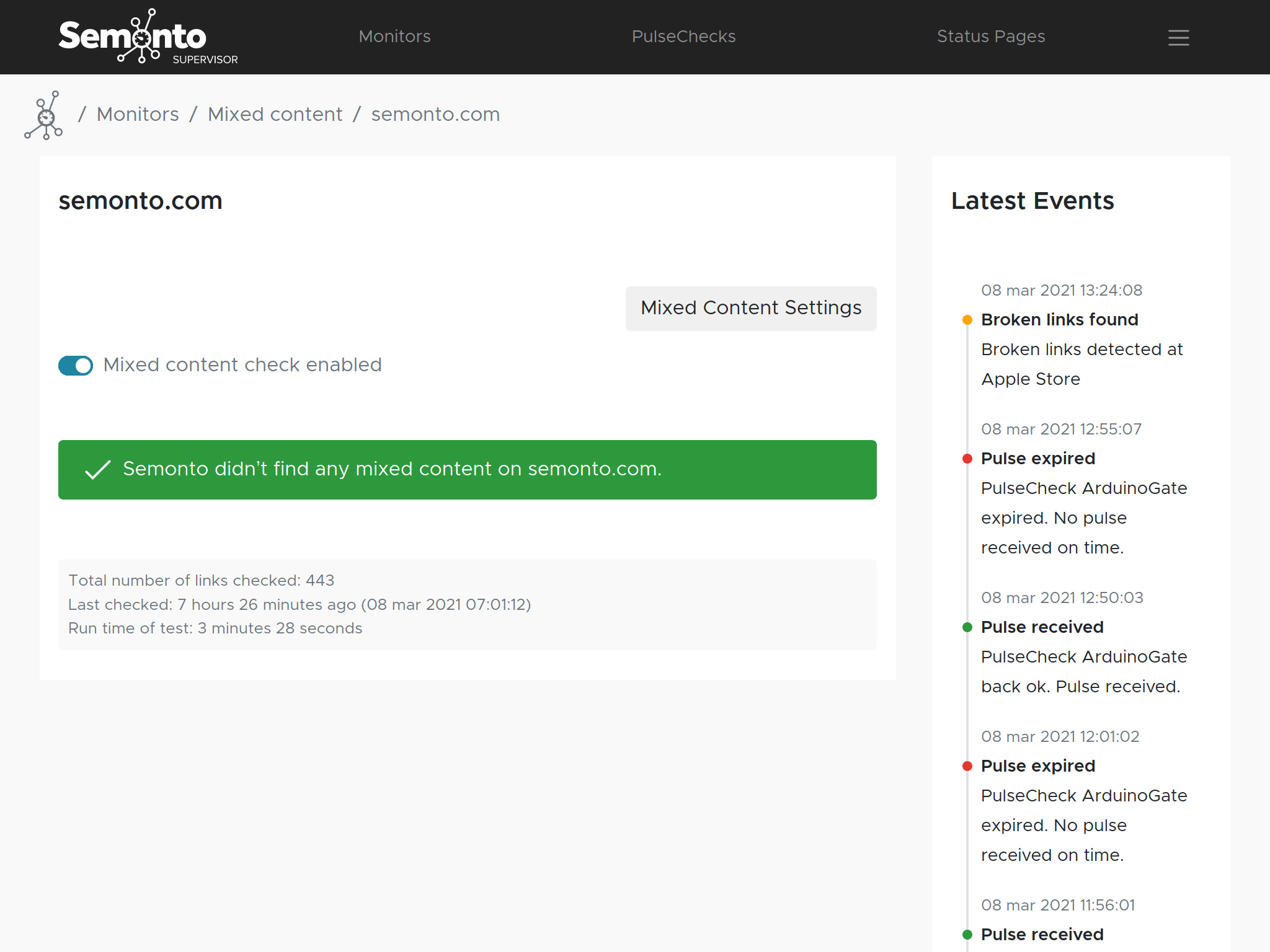 Screenshot of the mixed content checker in Semonto