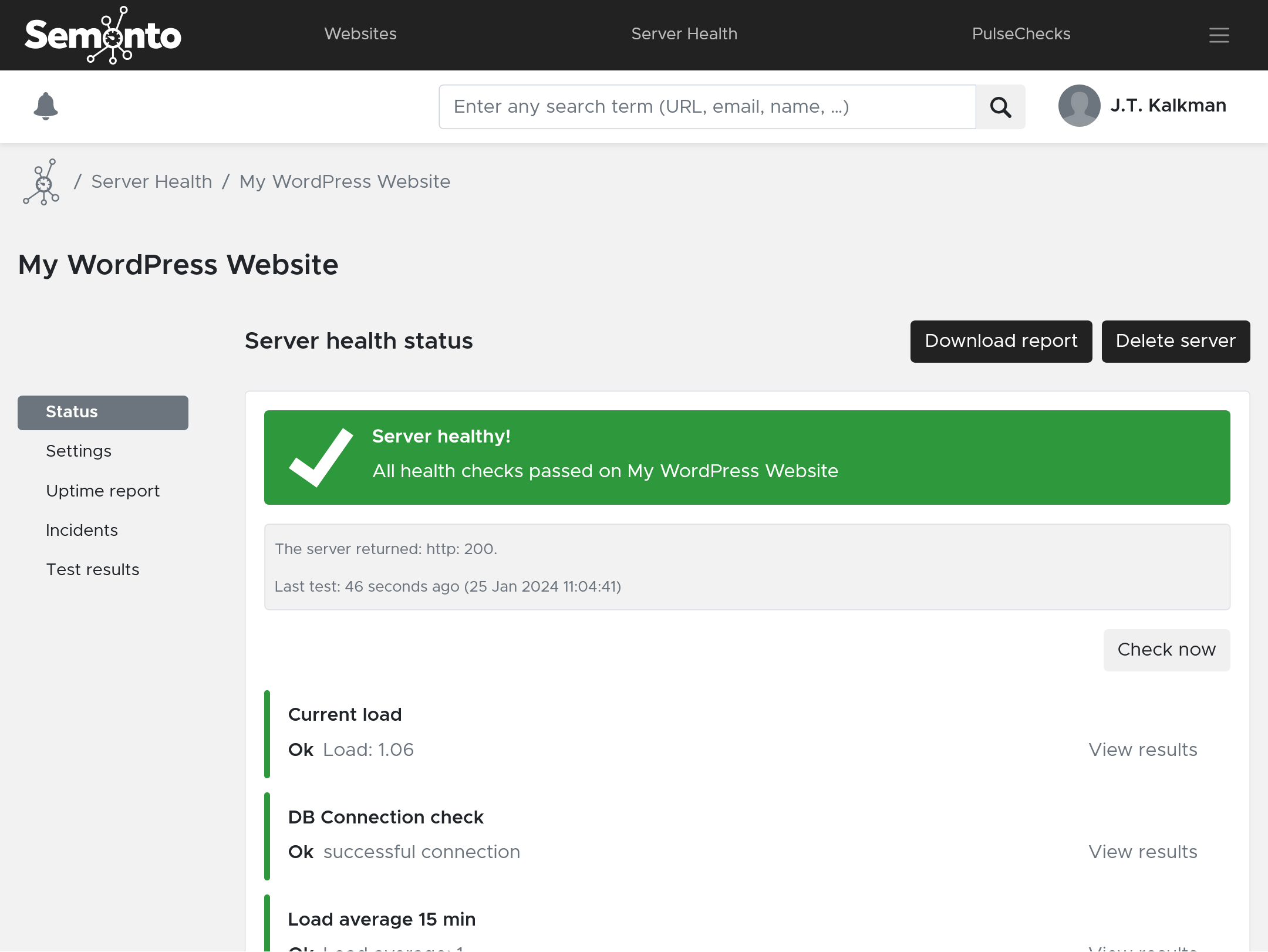 Screenshot of WordPress server status