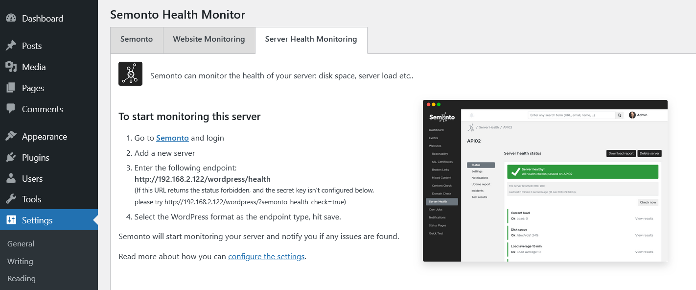 The health endpoint in the semonto plugin for WordPress