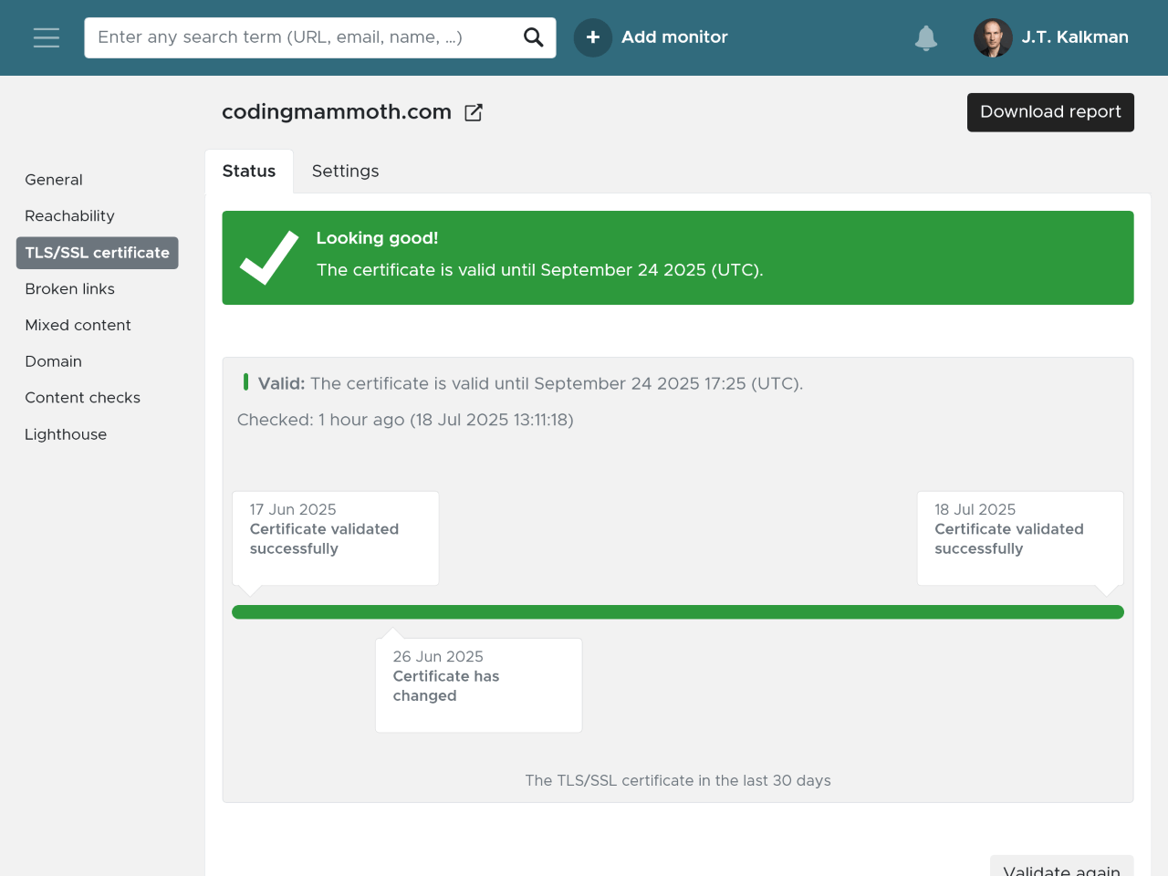 Screenshot of SSL status page in Semonto