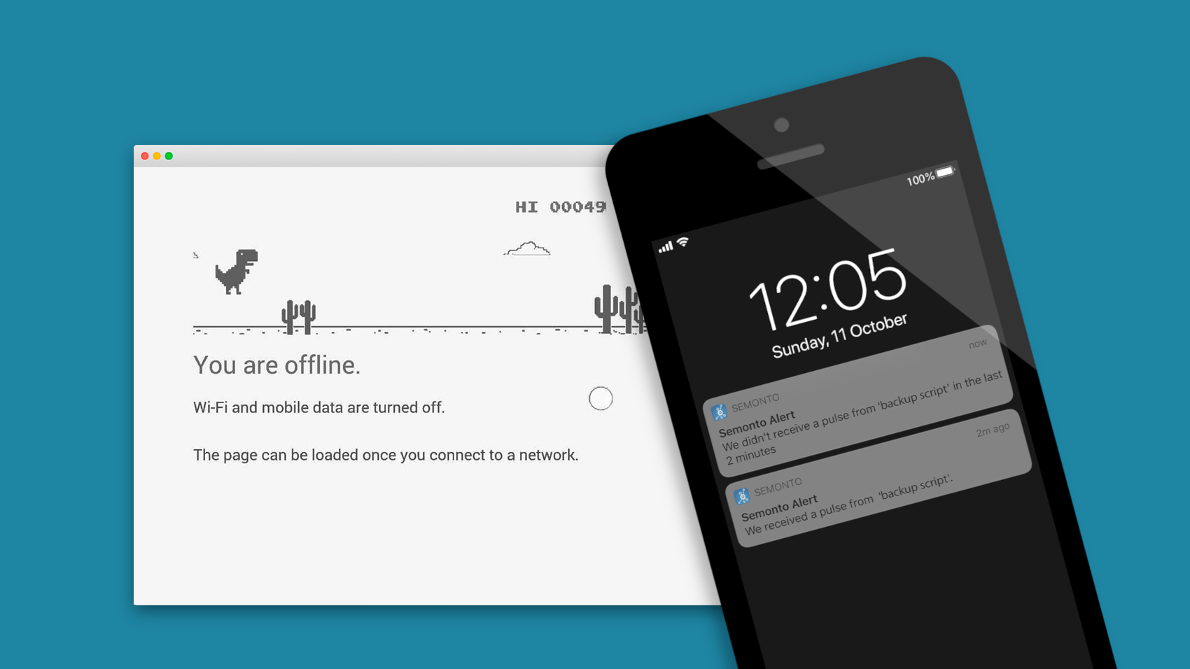 Illustration of an error page and a mobile phone with push notifications