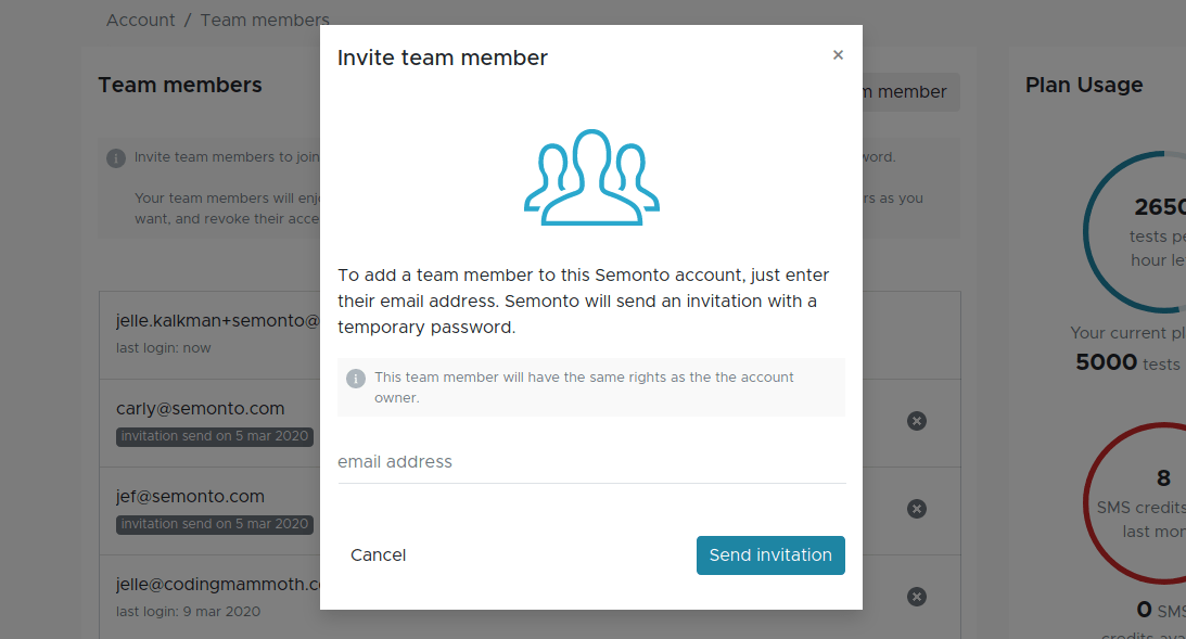Screen shot of team management dashboard in Semonto