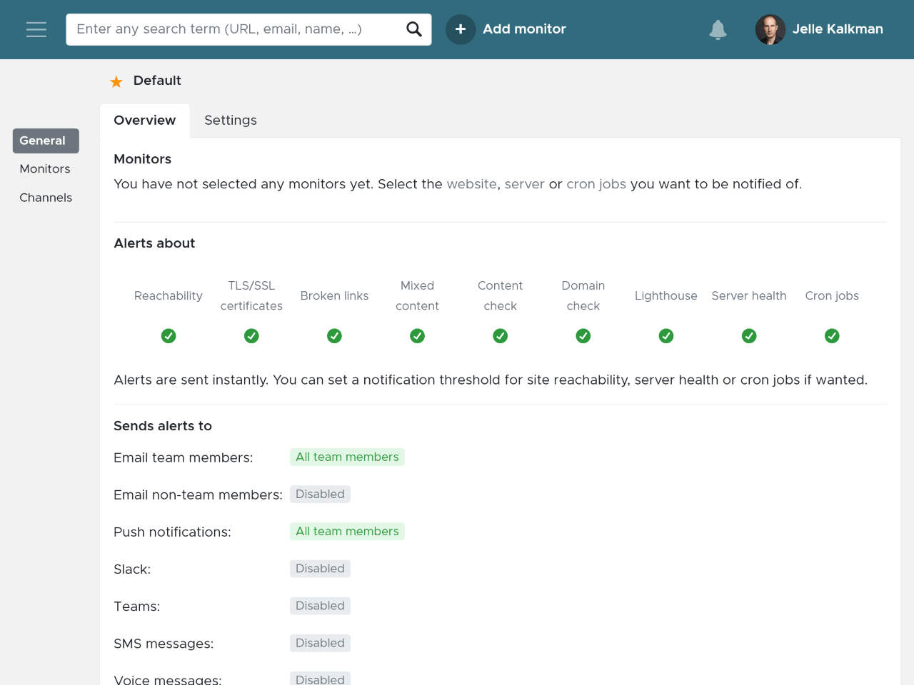 The default notification settings in Semonto