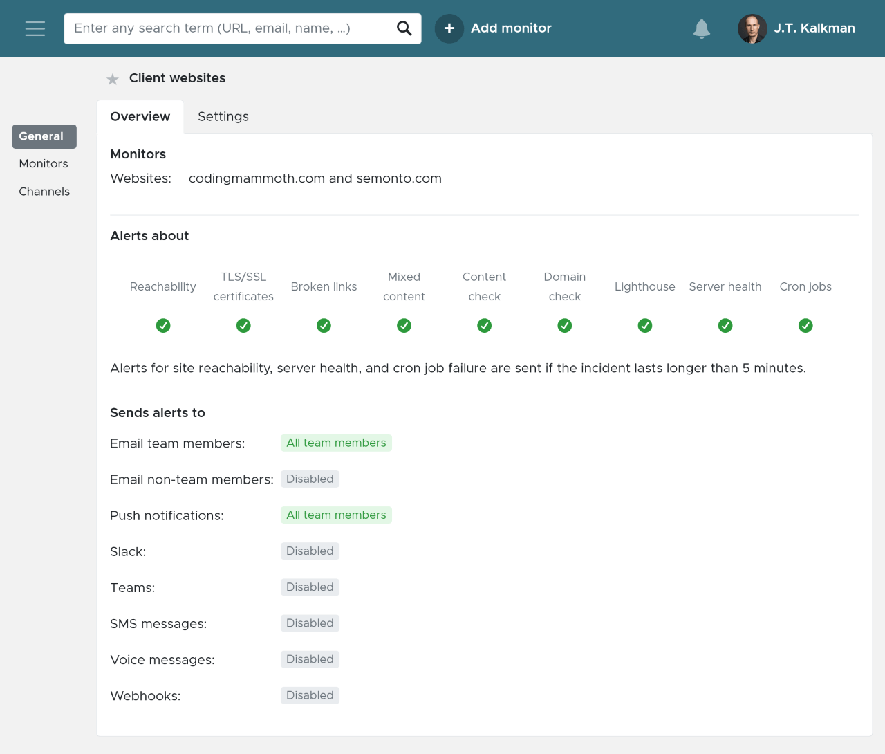 The general settings for notifications in Semonto