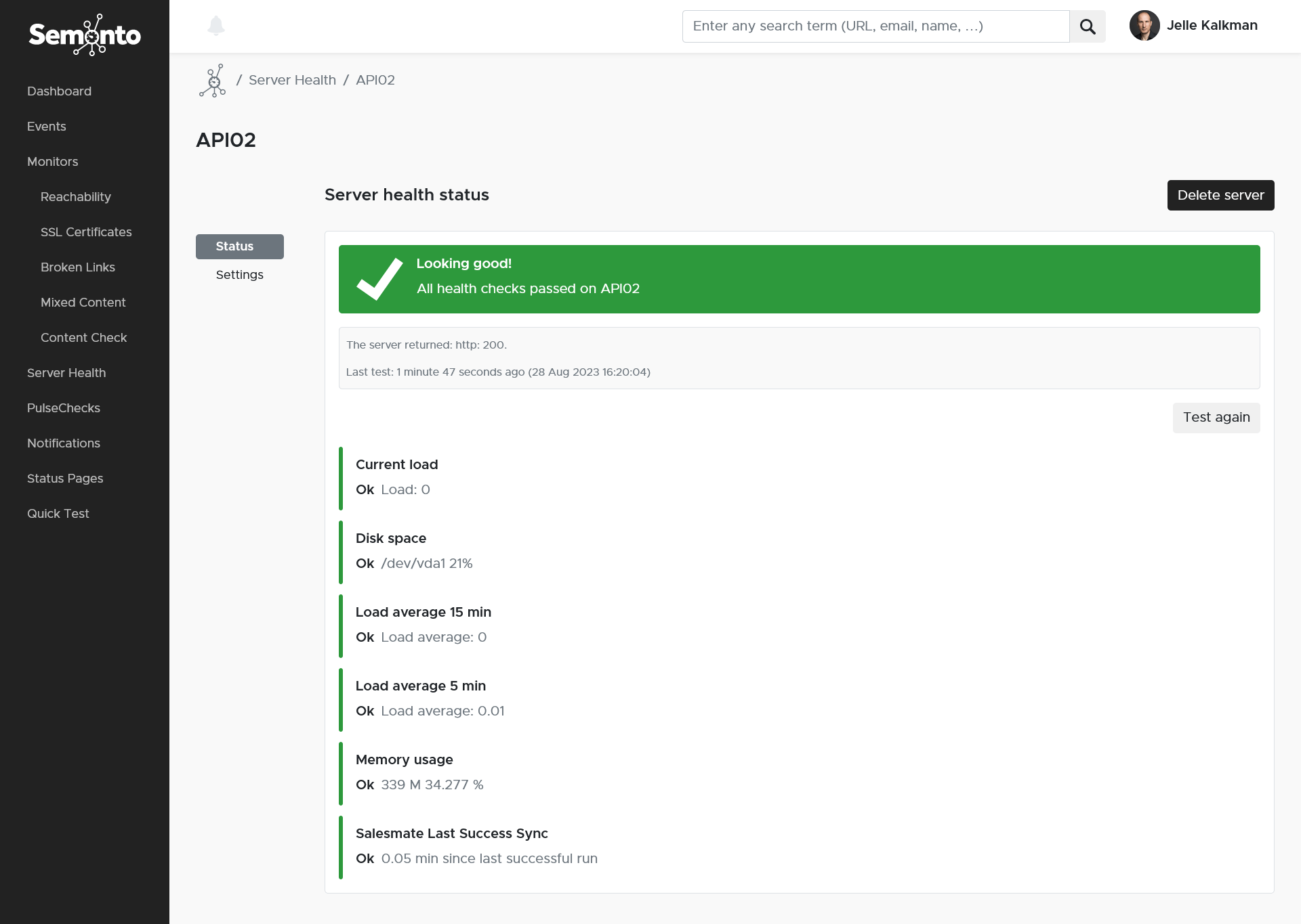 Server health status in Semonto