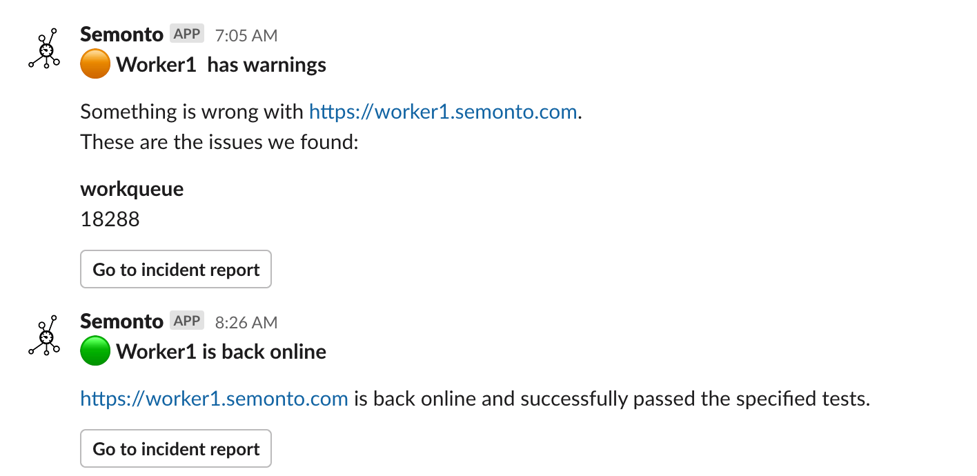 Examples of Slack notification from Semonto