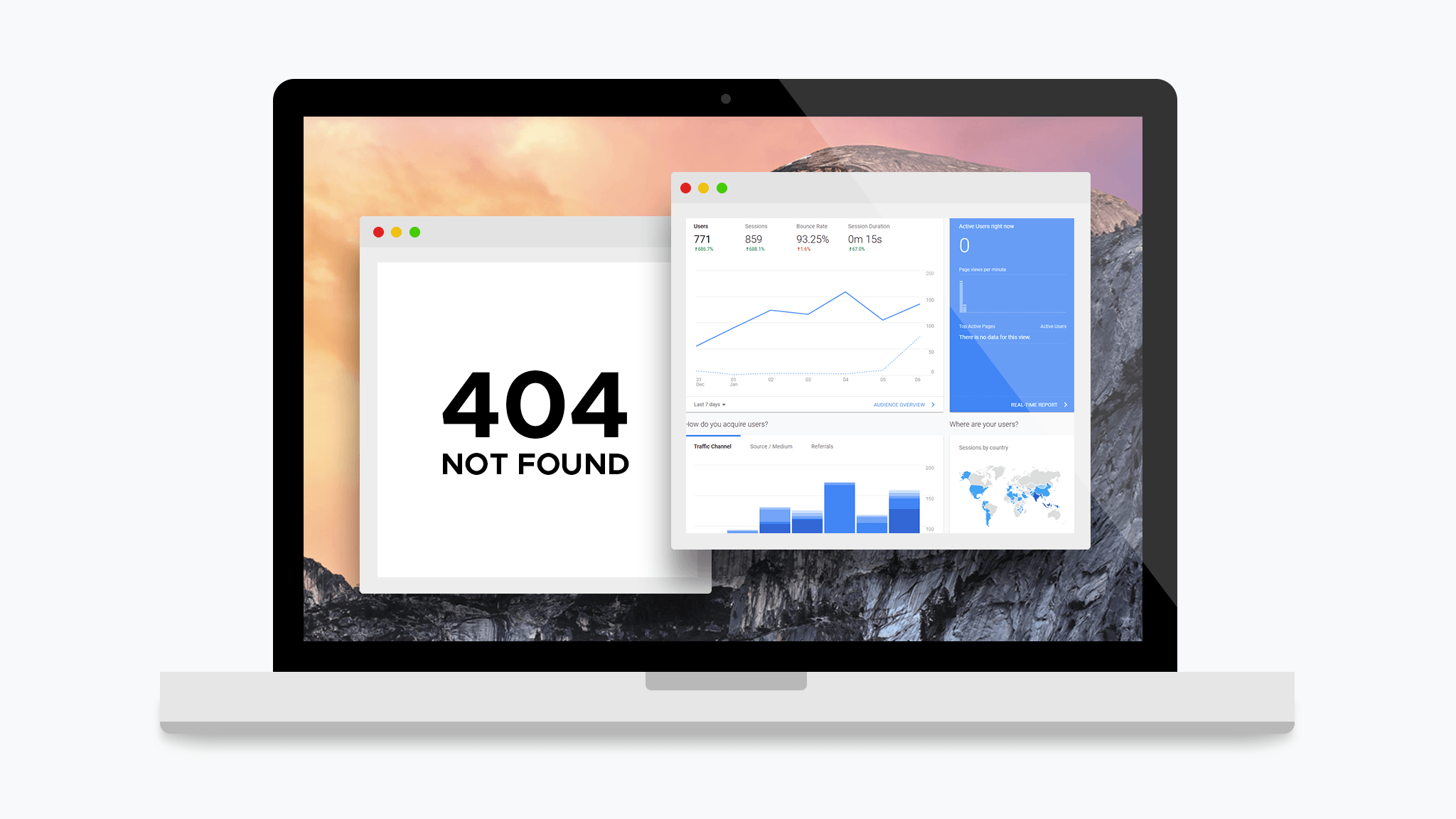 Illustration of laptop with 404 page and Google Analytics