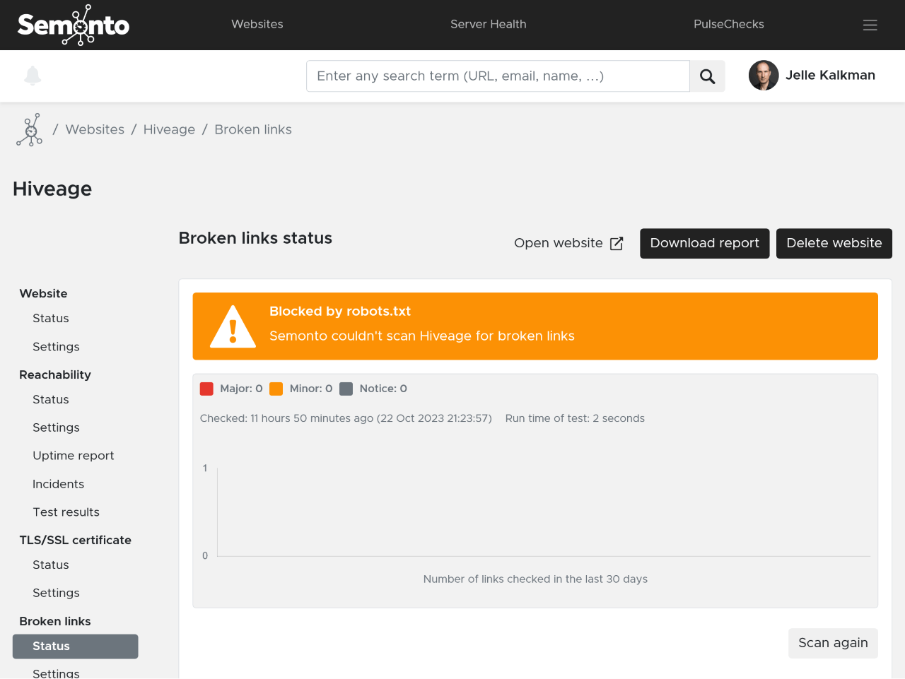 Screenshot of blocked broken link check in Semonto
