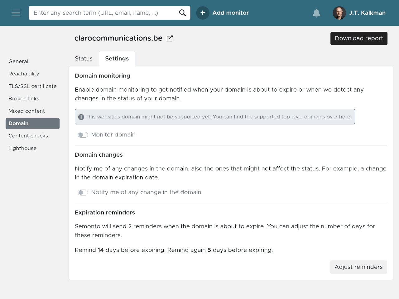 Screenshot the domain status in Semonto