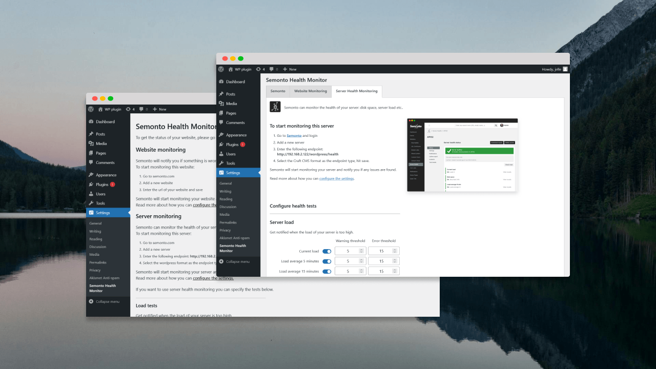 Mockup of WordPress with the old and new Semonto plugin